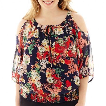 By & By 3/4-sleeve Floral Print Cold-shoulder Peasant Top - Plus