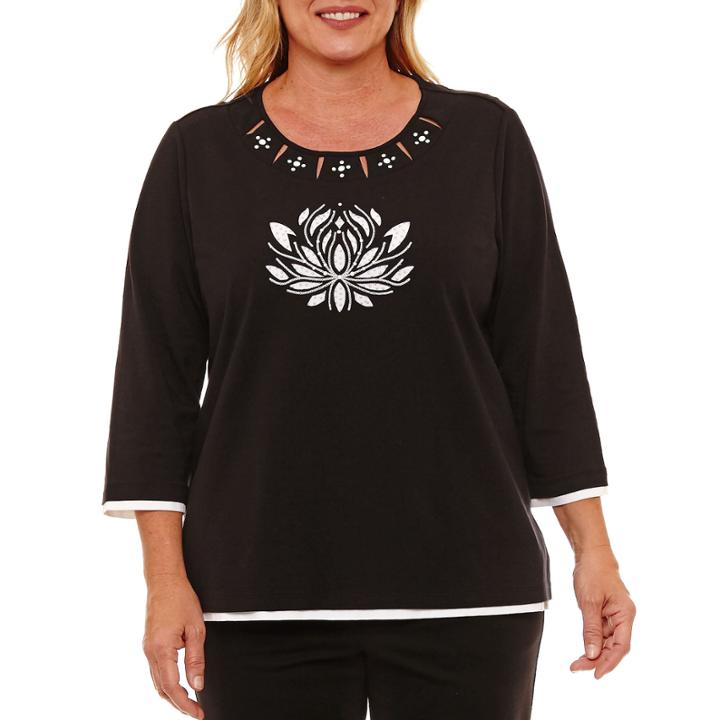 Alfred Dunner Easy Going 3/4 Sleeve Lotus Cutout T-shirt-womens Plus