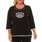 Alfred Dunner Easy Going 3/4 Sleeve Lotus Cutout T-shirt-womens Plus