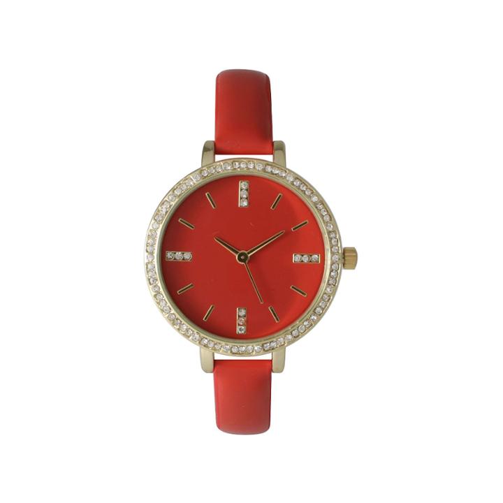Olivia Pratt Womens Rhinestone Bezel Rhinestone Dial Red Leather Watch 15321