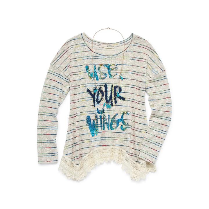 Self Esteem Long-sleeve Graphic Sharkbite Tunic With Necklace - Girlssmall-xxlplus