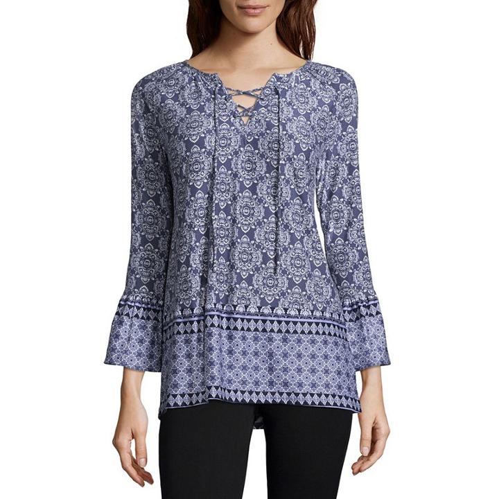 Liz Claiborne 3/4 Sleeve Ruffled Sleeve Geometric Peasant Top