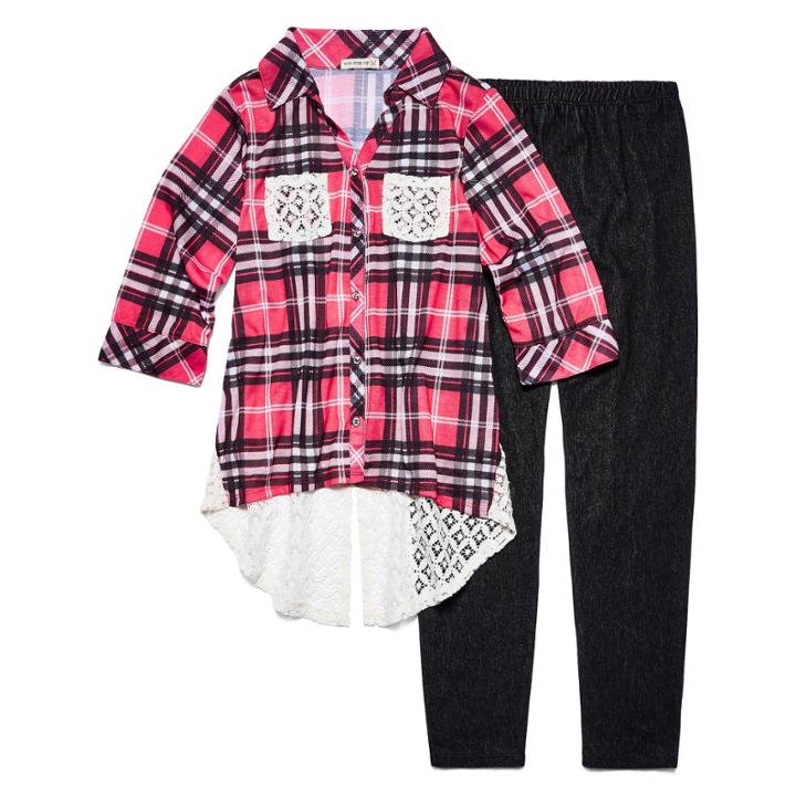 Plaid Top W/ Knit Denim Legging Set