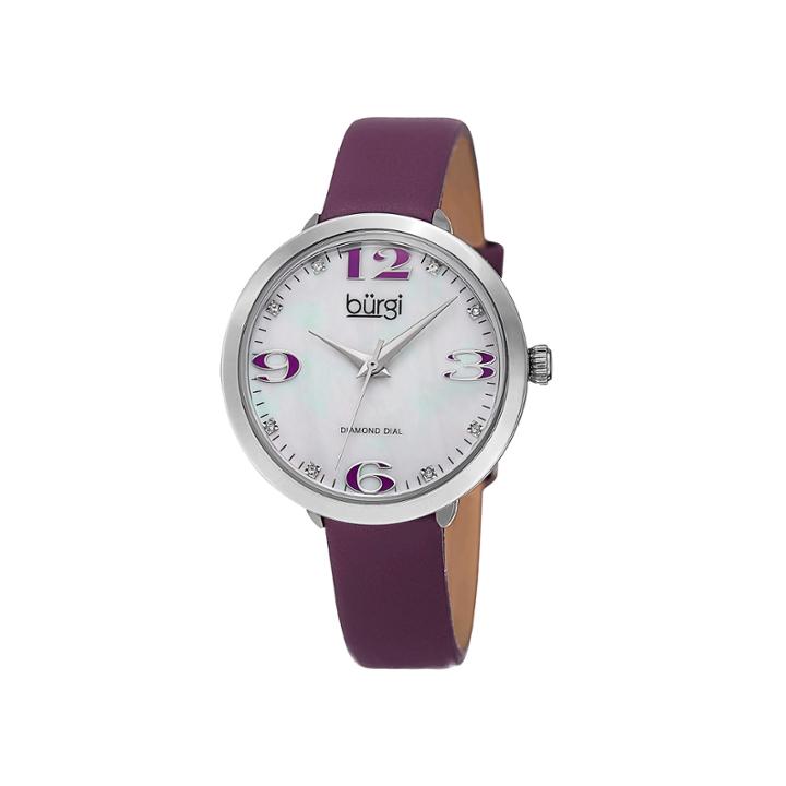 Burgi Womens Diamond Accent Mother-of-pearl Purple Strap Watch
