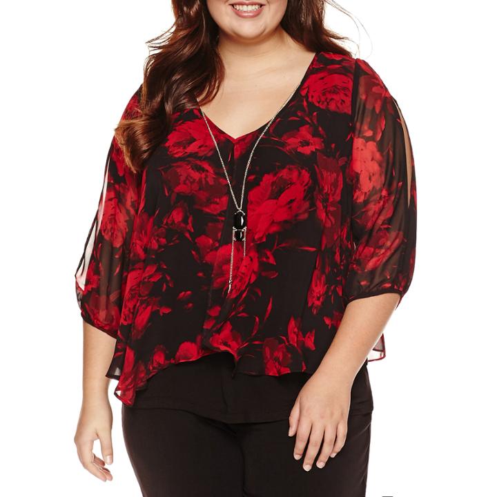 By & By 3/4 Sleeve V Neck Chiffon Blouse-juniors Plus