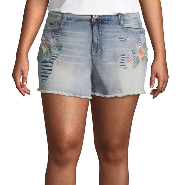 Arizona 2 1/2 High Rise Embroidered Denim Shorts-juniors Plus