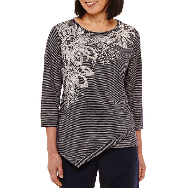 Alfred Dunner Montego Bay 3/4 Sleeve Split Crew Neck T-shirt-womens