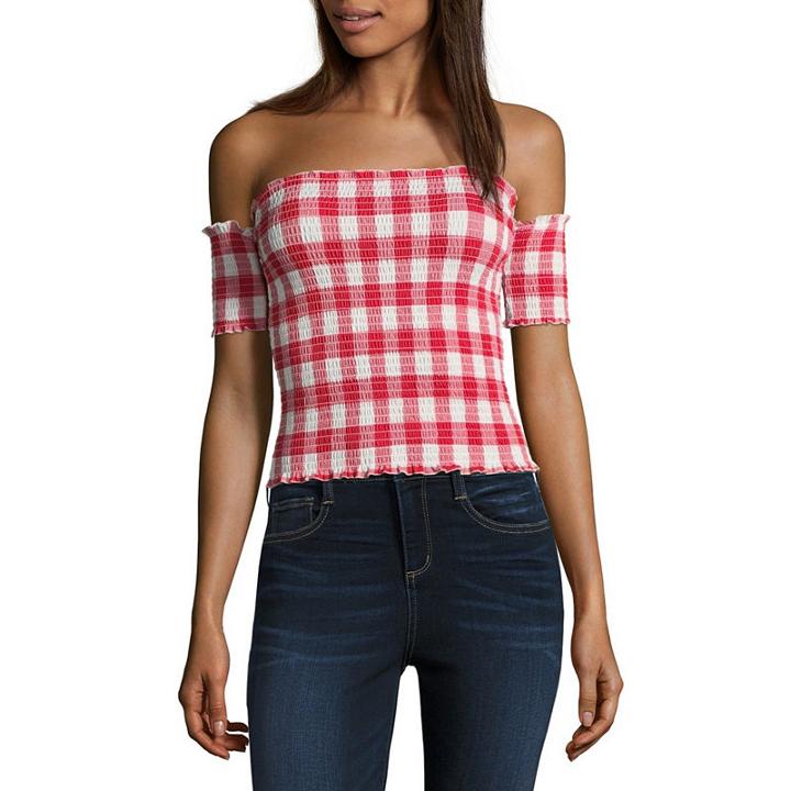 Almost Famous Short Sleeve Jersey Plaid Blouse-juniors