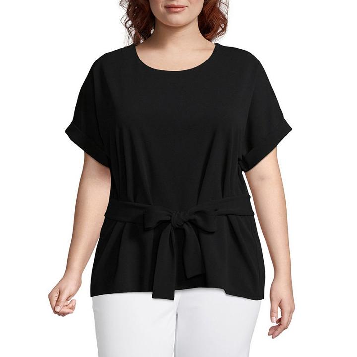 Worthington Short Sleeve Belted Knit Blouse- Plus