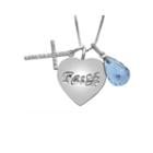 Simulated Blue Topaz Drop, Cross And Heart Charm Necklace
