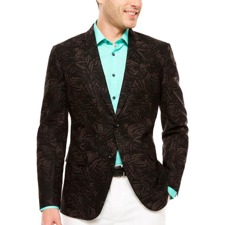 Jf J. Ferrar Black Palm Linen Cotton Sport Coat-slim