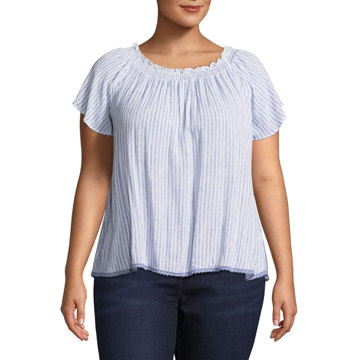 Self Esteem Short Sleeve Off Shoulder Sleeve Stripe Peasant Top Juniors Plus