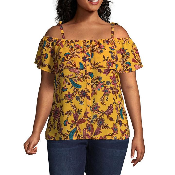 Boutique + Short Sleeve Straight Neck Woven Blouse - Plus