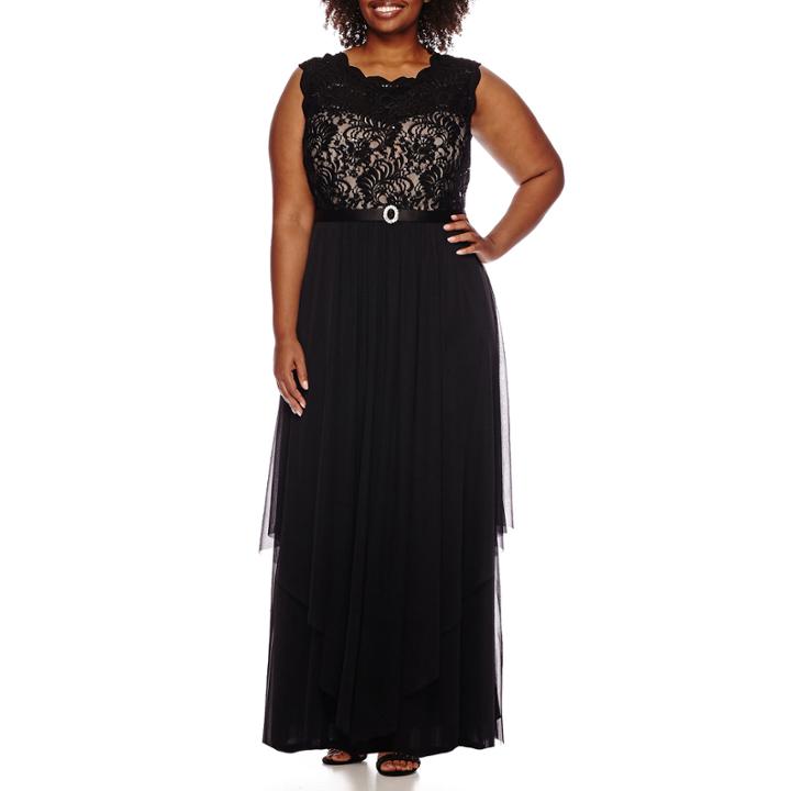 R & M Richards Sleeveless Lace Belted Gown - Plus