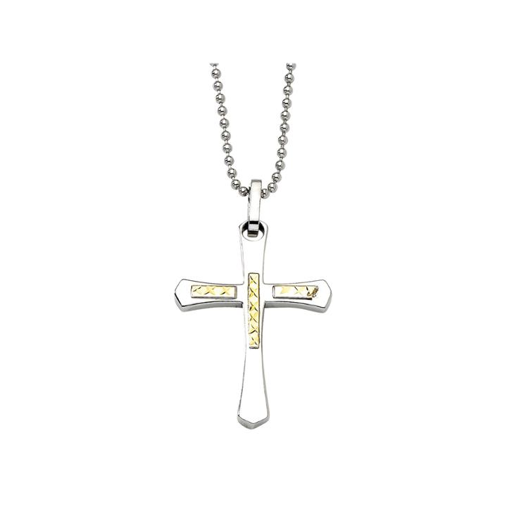 Mens Stainless Steel & 14k Yellow Gold Accent Cross Pendant