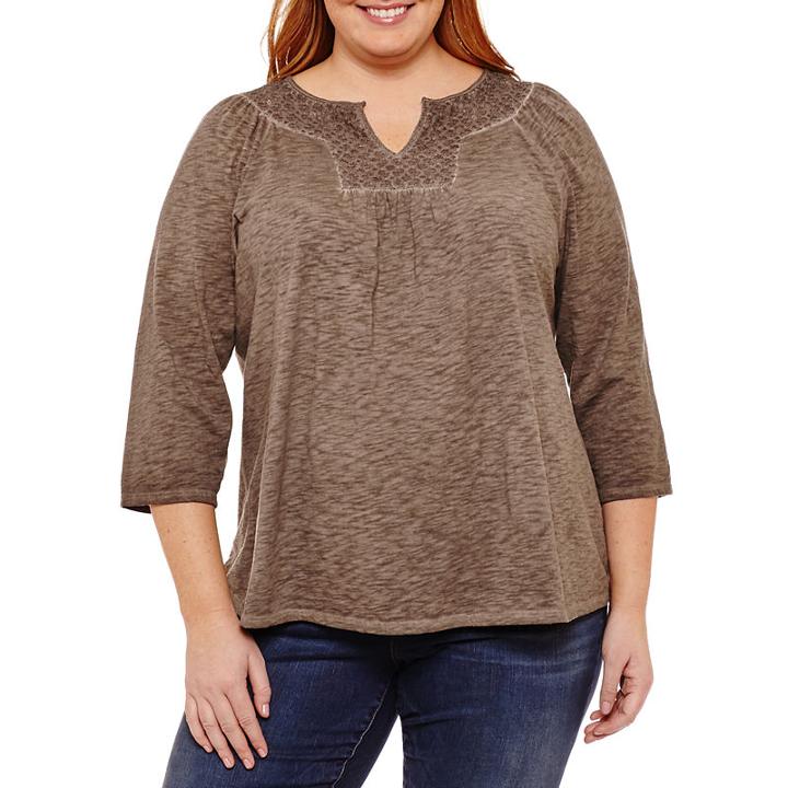 St. John's Bay 3/4 Sleeve Garment Wash Split Neck Tee - Plus