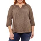 St. John's Bay 3/4 Sleeve Garment Wash Split Neck Tee - Plus