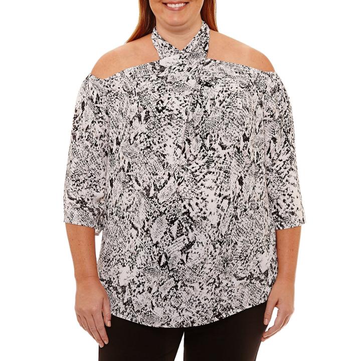 Worthington Elbow Sleeve Cold Shoulder Woven Blouse-plus