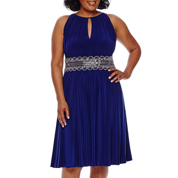 R & M Richards Sleeveless Halter Embellished Waist Dress - Plus