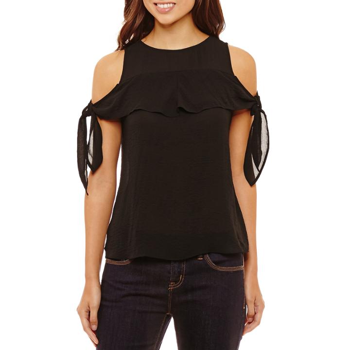 Bold Elements Short Sleeve Ruffle Front Cold Shoulder Top