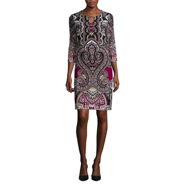 Tiana B. 3/4-sleeve Paisley Print Bar-neck Shift Dress