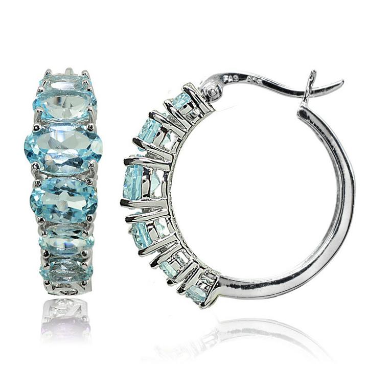 Blue Topaz Sterling Silver 22mm Oval Hoop Earrings