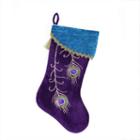 18.5 Regal Peacock Metallic Embroidered Feathers Velvet Christmas Stocking With Gold Tassel