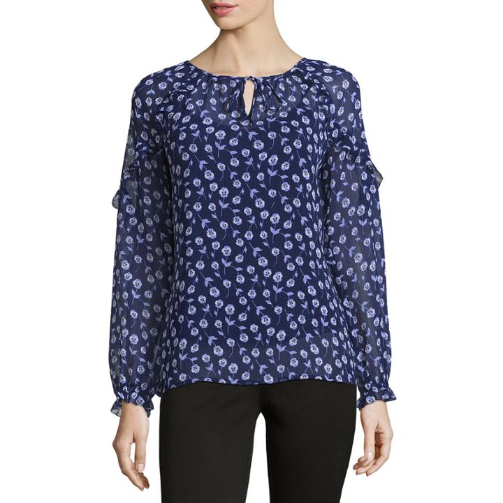Liz Claiborne Long Sleeve Ruffle Shoulder Peasant Top