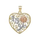 Tesoro&trade; 14k Tri-color 15 Quinceanera Flower Filigree Heart Pendant