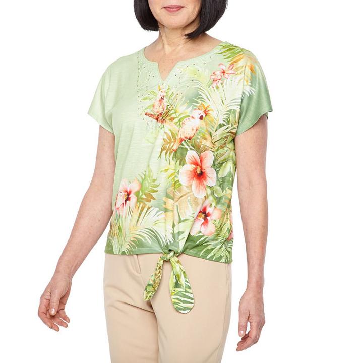 Alfred Dunner Parrot Cay Short Sleeve Split Crew Neck T-shirt-womens Petites