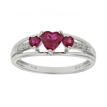 Lab-created Ruby & Diamond-accent Heart-shaped 3-stone 10k White Gold Ring