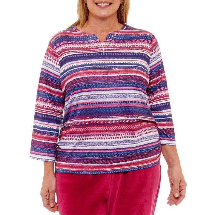 Alfred Dunner Royal Jewels 3/4 Sleeve Split Crew Neck Stripe T-shirt-womens Plus