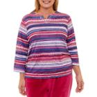 Alfred Dunner Royal Jewels 3/4 Sleeve Split Crew Neck Stripe T-shirt-womens Plus