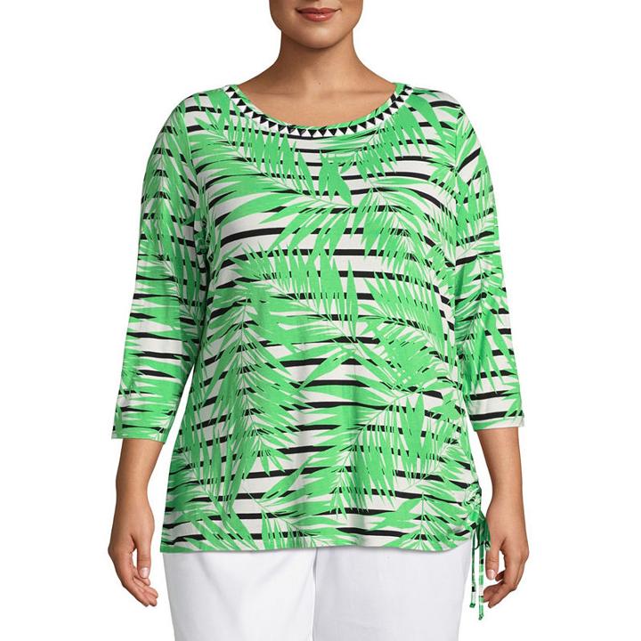 Lark Lane Island Hopping Embellished Palm Stripe Top- Plus