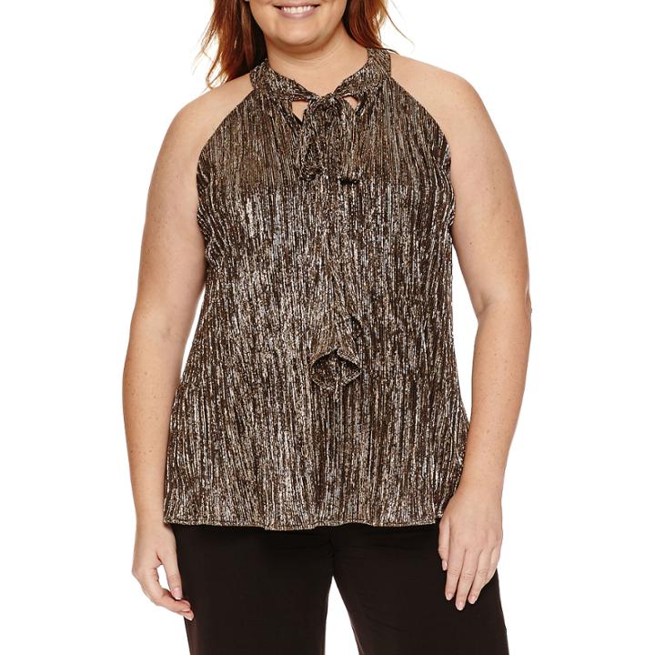 Worthington Sleeveless Knit Functional Bow Blouse-plus
