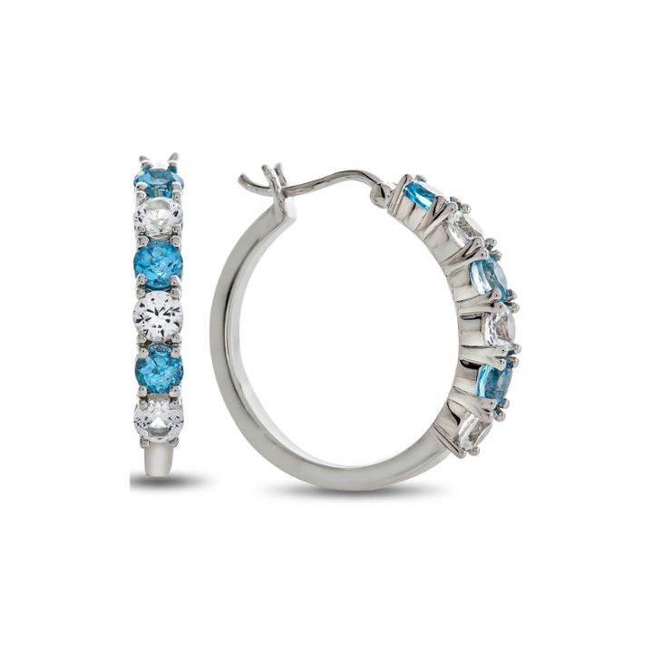 Genuine Blue Topaz And Lab Created White Sapphire Sterling Silver Hoop Earrings