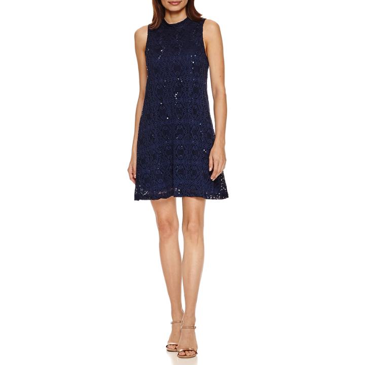Tiana B Sleeveless Sequin Lace Mock-neck A-line Dress-petites