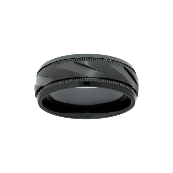 Men's Black Zirconium Band Ring With Ribbed Texture