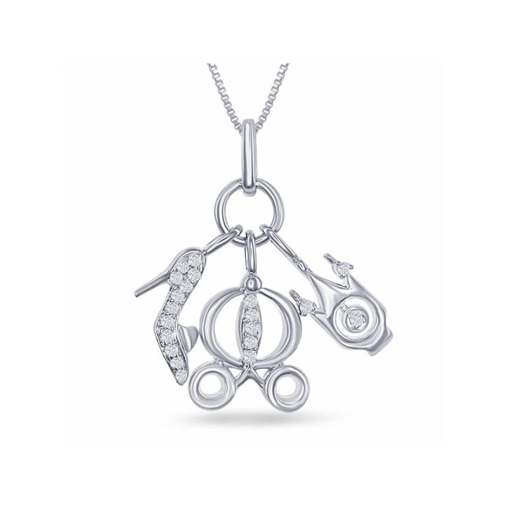 Enchanted By Disney 1/10 C.t.t.w. Cinderella Charms Pendant Necklace In Sterling Silver