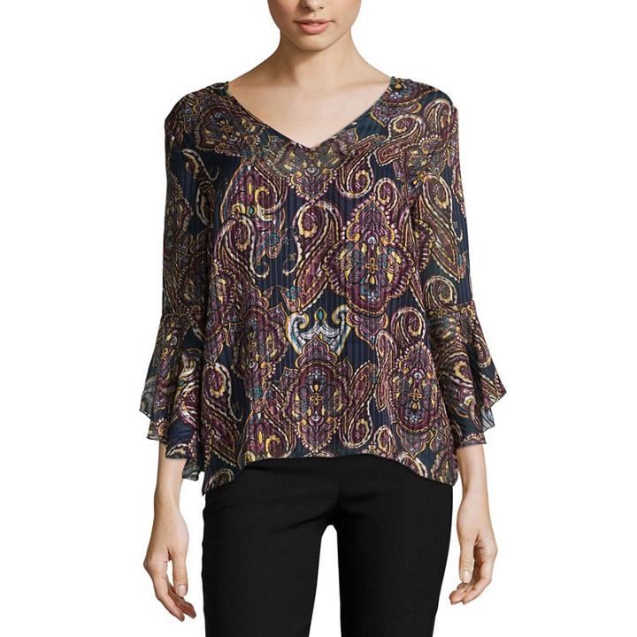 By & By 3/4 Sleeve V Neck Chiffon Lace Up Blouse-juniors