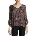 By & By 3/4 Sleeve V Neck Chiffon Lace Up Blouse-juniors