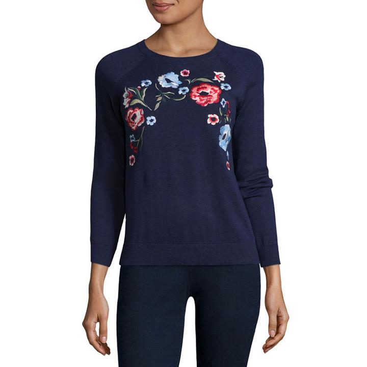 St. John's Bay Long Sleeve Crew Neck Floral Pullover Sweater - Tall