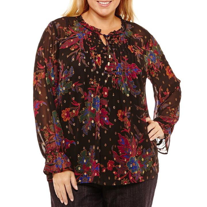 Liz Claiborne Long Sleeve Split Crew Neck Woven Floral Blouse-plus