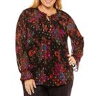 Liz Claiborne Long Sleeve Split Crew Neck Woven Floral Blouse-plus