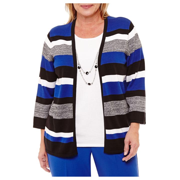 Alfred Dunner High Roller Stripe Layered Sweater With Necklace-plus