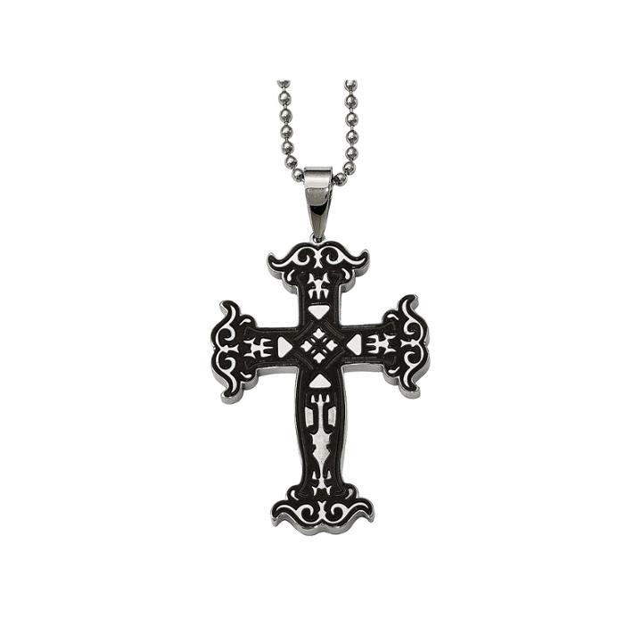 Mens Stainless Steel Black Ion-plated Cut-out Cross Pendant