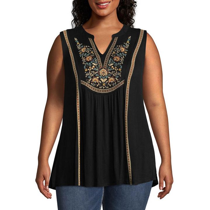 Unity World Wear Sleeveless Puff Print Notch Neck Tank - Plus