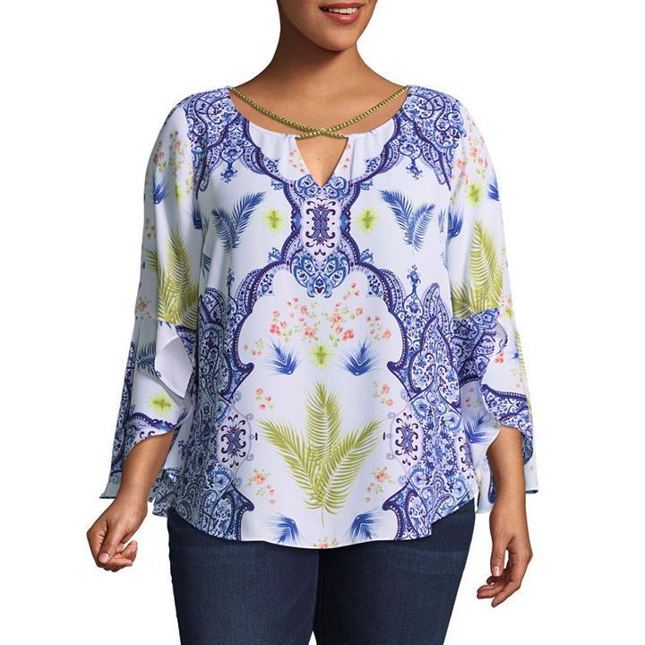 Bold Elements Short Sleeve Round Neck Woven Blouse - Plus