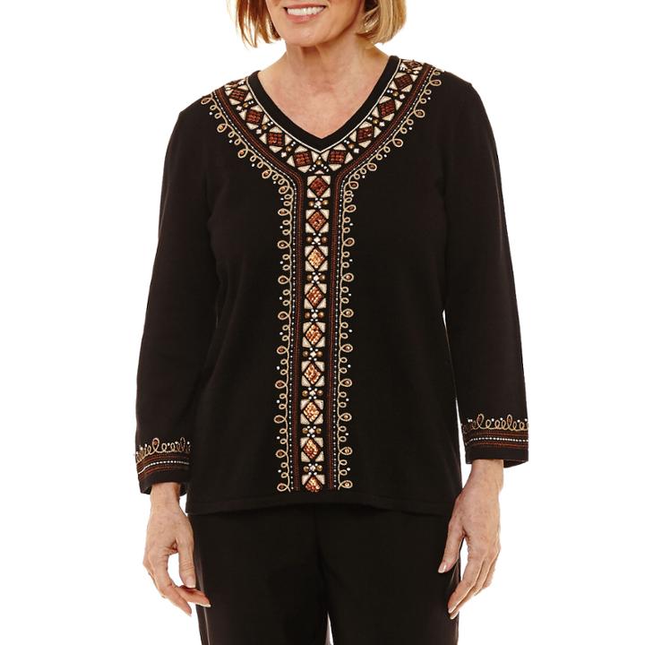 Alfred Dunner Jungle Love 3/4 Sleeve Split Crew Neck Medallion T-shirt - Womens