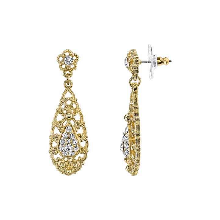 1928 Jewelry Crystal Gold-tone Filigree Drop Earrings